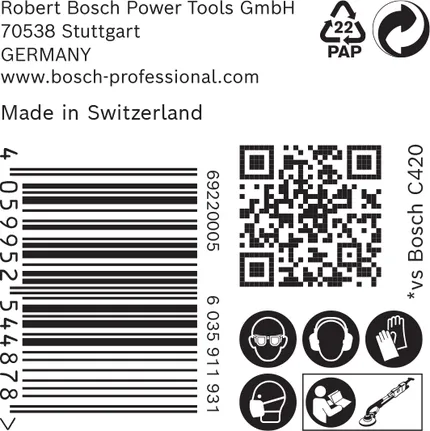 Etiqueta de seguridad y producto del papel de lija Bosch C420.