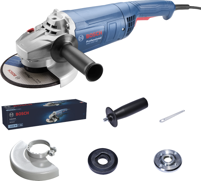 Amoladora angular Bosch GWS 2200-180 con accesorios.