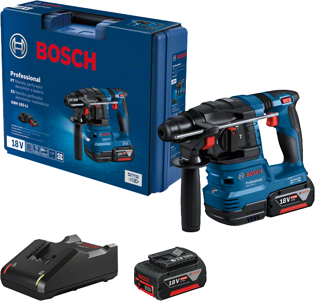Taladro percutor rotativo Bosch GBH 185-LI con batería de 18 V.