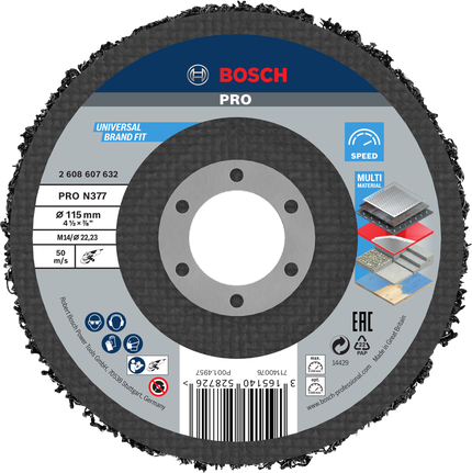 Disco de limpieza Bosch PRO N377 de 115 mm para uso en múltiples materiales.