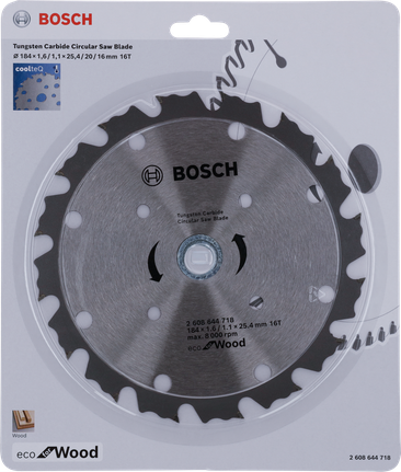 Hoja de sierra circular Bosch Eco para madera CoolteQ de 184 × 1,1 mm.