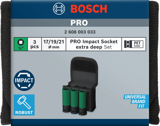 Juego de llaves de impacto Bosch PRO extra profundas de 3 piezas con fundas de PET.