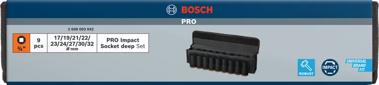 Juego de llaves de impacto Bosch PRO de 3/4 de pulgada de profundidad, 9 piezas.