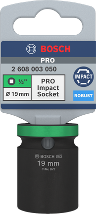 Vaso de impacto Bosch PRO de 1/2 pulgada (19 mm) para una fijación robusta.
