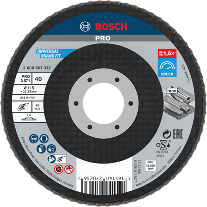 Disco de láminas Bosch PRO X571 115 mm G40 para lijado de metales.