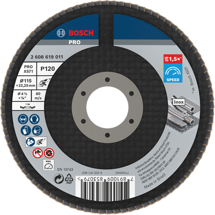 Disco de láminas Bosch PRO X571 angulado de 115 mm G120 para metal.