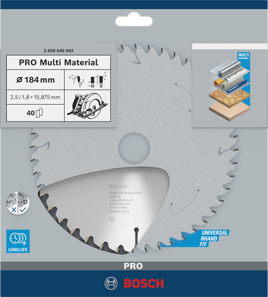 Hoja de sierra circular Bosch PRO Multi Material 184×2,5×16 mm.