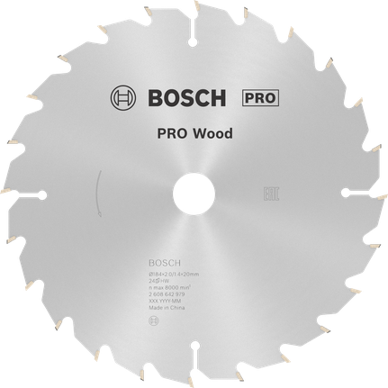 Hoja de sierra circular para madera Bosch PRO de 184 mm para cortes limpios en la madera.
