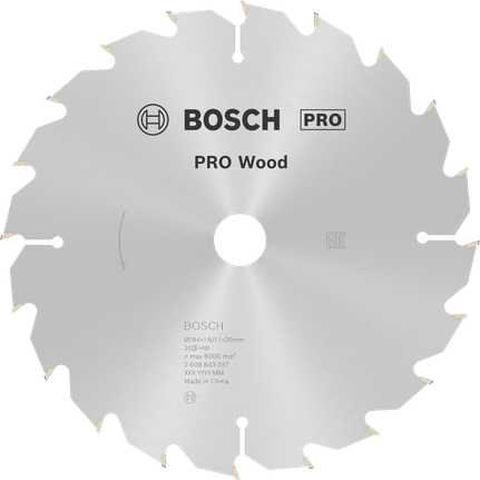 Hoja de sierra circular Bosch PRO Wood de 184 mm para un corte preciso de la madera.