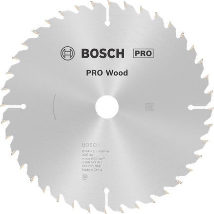 Hoja de sierra circular Bosch PRO Wood de 184 mm para un corte preciso de la madera.