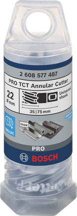 Fresa anular Bosch PRO Metal TCT de 22x35x75 mm en su embalaje.