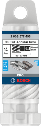 Fresa anular Bosch PRO Metal TCT de 14 mm para perforación precisa de metales.