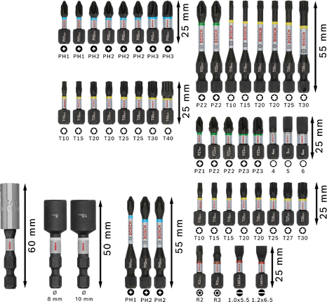 Juego de puntas de destornillador de impacto Bosch PRO, 50 piezas, codificadas por colores.