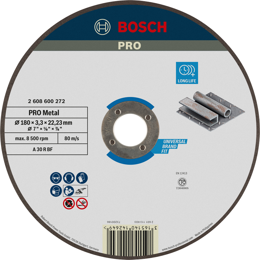 Disco de corte de metal Bosch PRO 180 x 3 x 22,23 mm, larga duración.