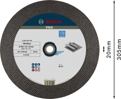 Disco de corte de metal Bosch PRO 305 x 3,6 x 20 mm.