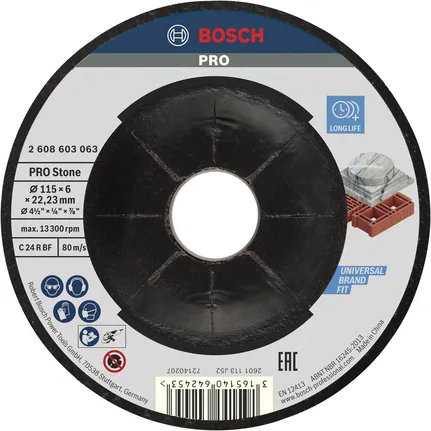 Disco de desbaste de piedra Bosch PRO de 115 mm para desbaste de piedra.