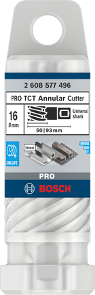 Fresa anular Bosch PRO Metal TCT de 16 mm para perforación de metal.