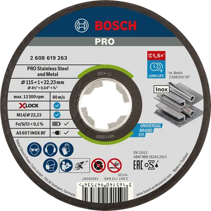Disco de corte Bosch PRO X-Lock para acero inoxidable y metal.