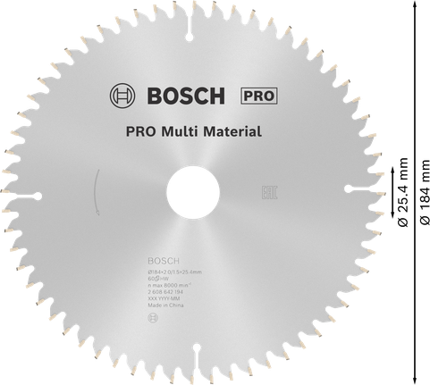 Hoja de sierra circular Bosch PRO Multi Material, 184 mm de diámetro.