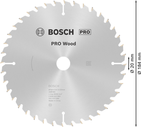 Hoja de sierra circular Bosch PRO Wood de 184 mm para cortar madera.