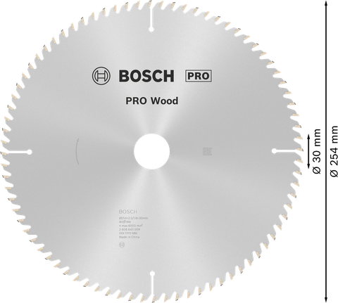 Hoja de sierra circular para madera Bosch PRO de 254 mm para un corte preciso de la madera.