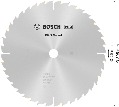 Hoja de sierra circular Bosch PRO Wood de 305 mm para un corte preciso de la madera.
