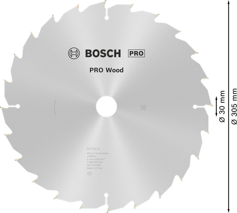 Hoja de sierra circular Bosch PRO Wood de 305 mm para un corte preciso de la madera.