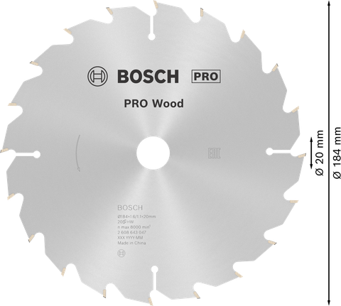 Hoja de sierra circular Bosch PRO Wood de 184 mm para cortar madera.