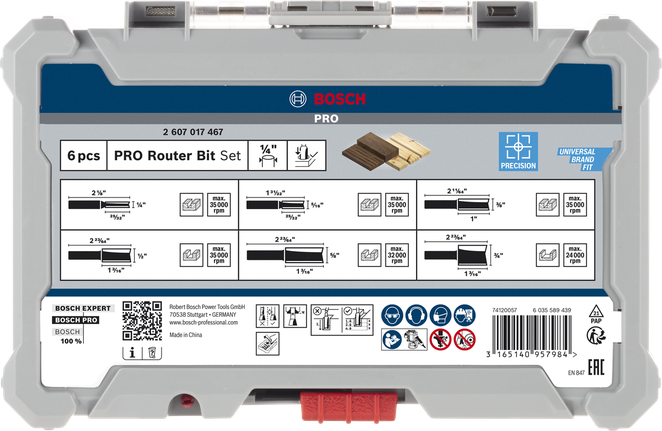 Juego de 6 fresas rectas para router Bosch PRO con vástago de 1/4 de pulgada.