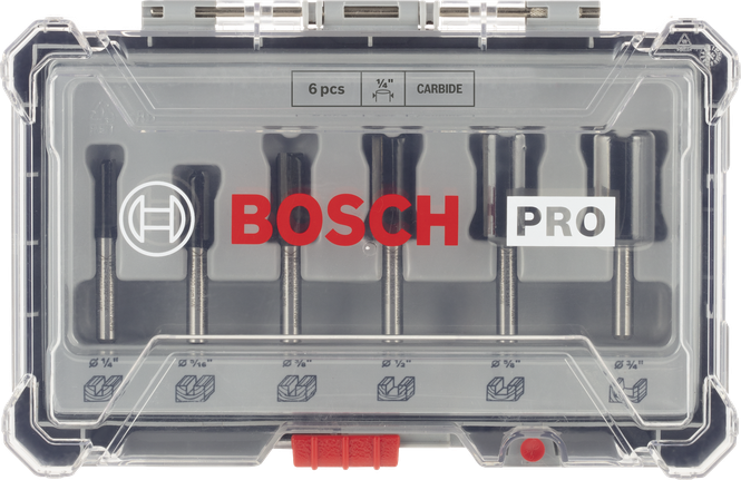 Juego de 6 fresas rectas para router Bosch PRO con vástago de 1/4 de pulgada.