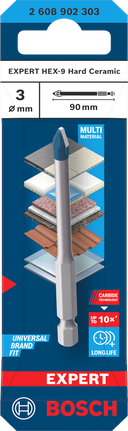 Broca de cerámica dura Bosch EXPERT HEX-9 de 3 x 90 mm.