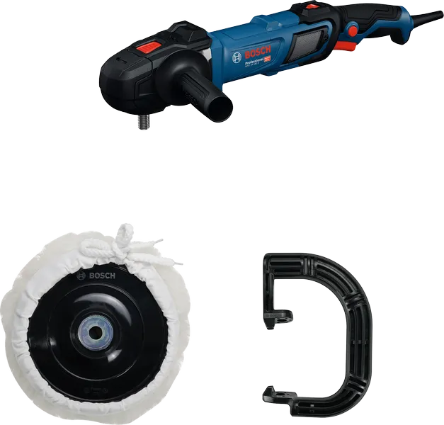 Pulidora Bosch GPO 14-180 S con mango y almohadilla de pulido.