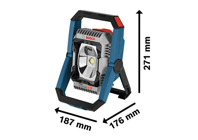 Lámpara de trabajo inalámbrica Bosch GLI18V-3000 con dimensiones.