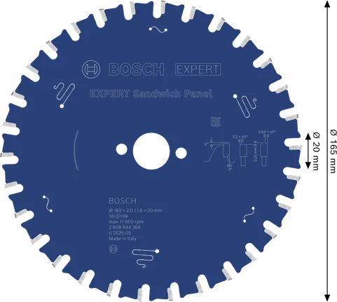 Hoja de sierra circular para paneles sándwich Bosch EXPERT, 165 mm de diámetro.