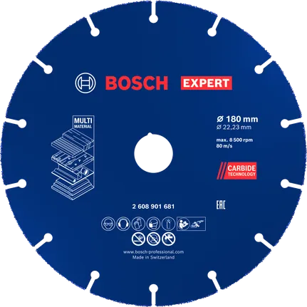 Disco de corte de carburo multimaterial Bosch EXPERT de 180 mm.