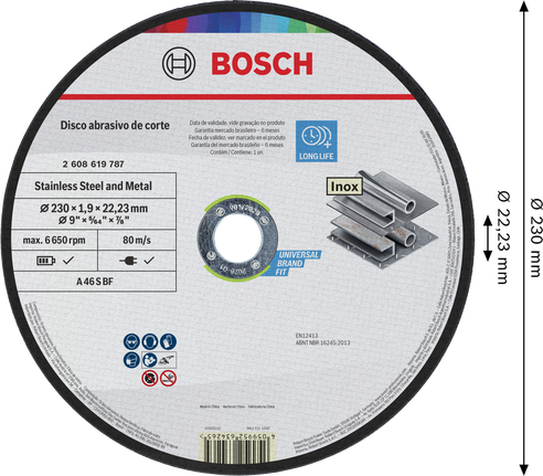 Disco de corte Bosch para acero inoxidable y metal, 230 x 1,9 x 22,23 mm.