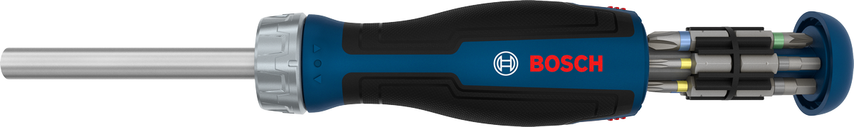 Destornillador de trinquete Bosch con cargador de 12 puntas.