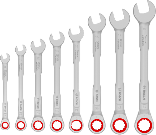 Juego de llaves combinadas de trinquete Bosch de 8 a 19 mm, 50 por ciento más de par.