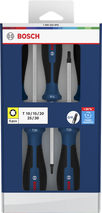 Juego de destornilladores Bosch TX 5 piezas con mangos de cromo vanadio.
