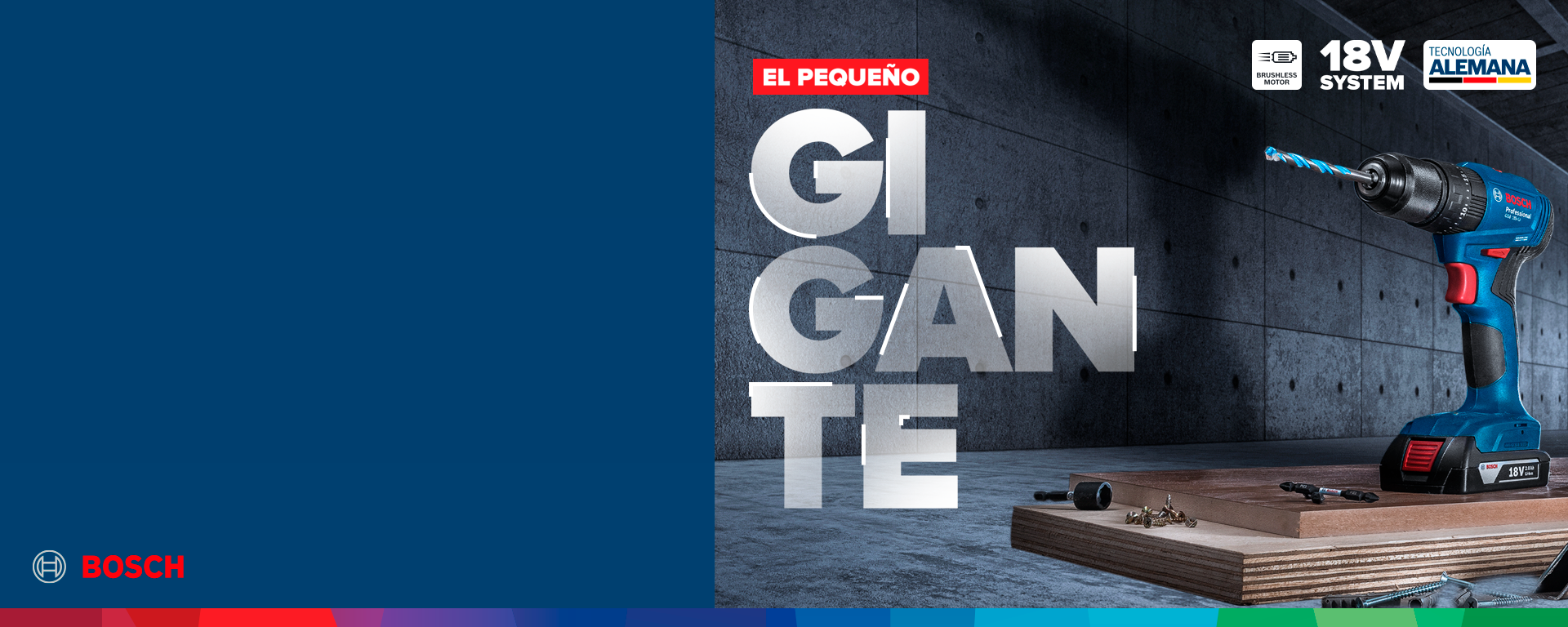 Un taladro Bosch Professional azul sobre una mesa con madera y tornillos.