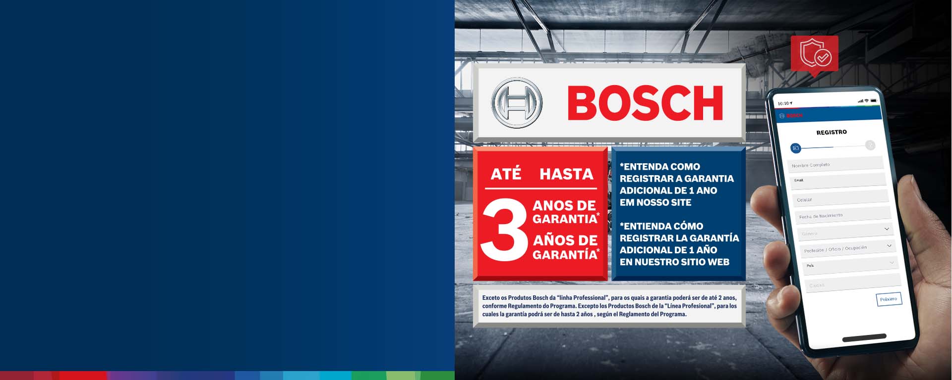 Imagen de una garantía Bosch, con texto rojo y azul sobre fondo gris.