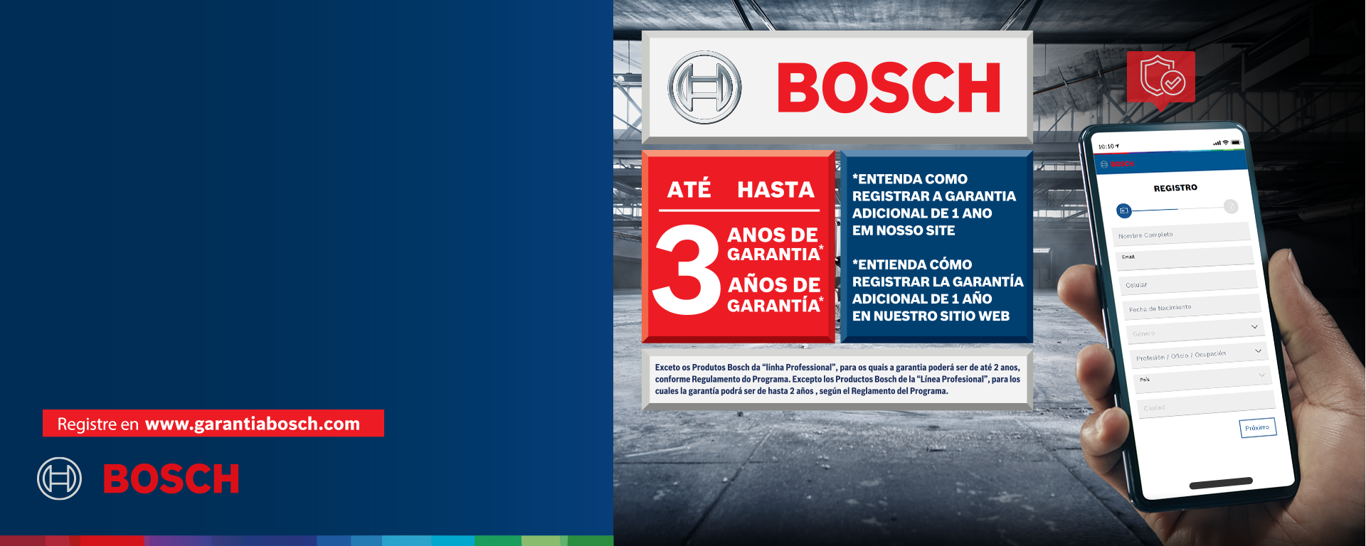 Anuncio de garantía de Bosch, con información en fondo azul y un teléfono móvil en mano.