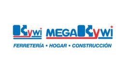 Logo de Mega Kywi con texto azul y rojo, incluye palabras clave de ferretería y construcción.