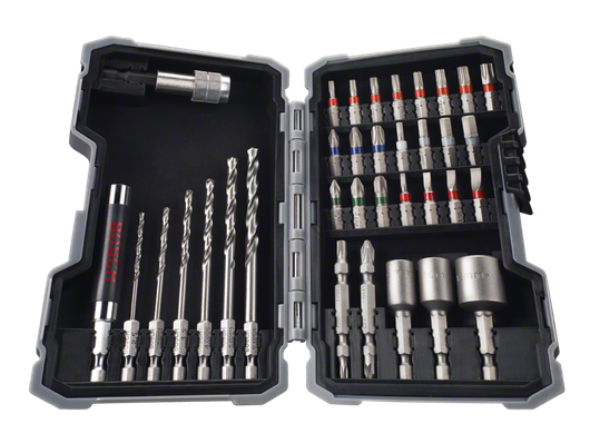 Bosch 43-osaline puuri- ja kruvikeerajaotsakute komplekt karbis.