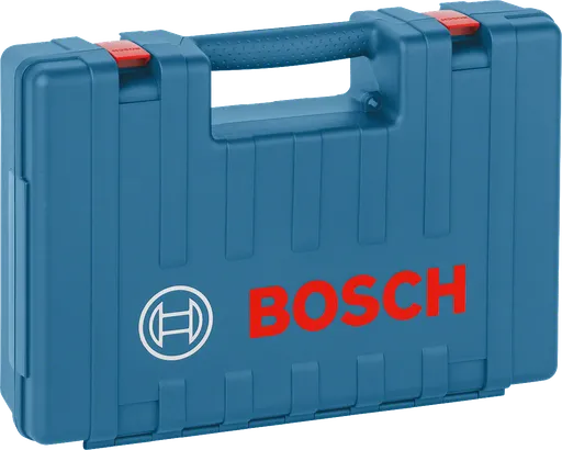 Bosch plastmassist tööriistakohver käepideme ja punaste lukkudega.