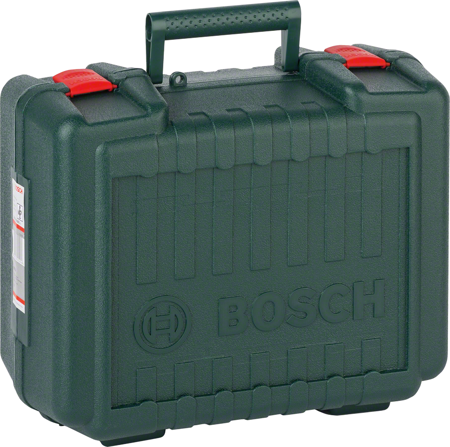 Bosch plastmassist tööriistakohver punaste lukkude ja käepidemega.