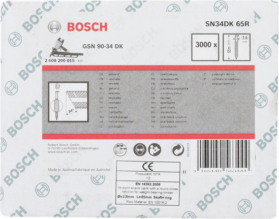 Bosch GSN 90-34 DK ümara varrega naelad 65mm 3000 tk pakis.