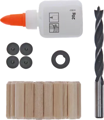 Bosch 27-osaline 10 mm puidust tüüblite komplekt koos puuri ja liimiga.