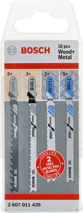 Bosch 18-osaline T-saega tikksae terade komplekt puidule ja metallile.