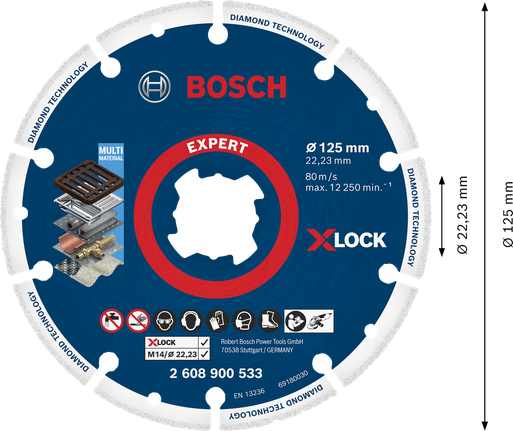 Bosch Expert X-LOCK teemantlõikeketas mitme materjali jaoks.
